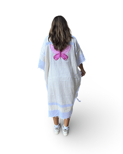 Hand-Painted Yellow Kaftan with Pink Butterfly