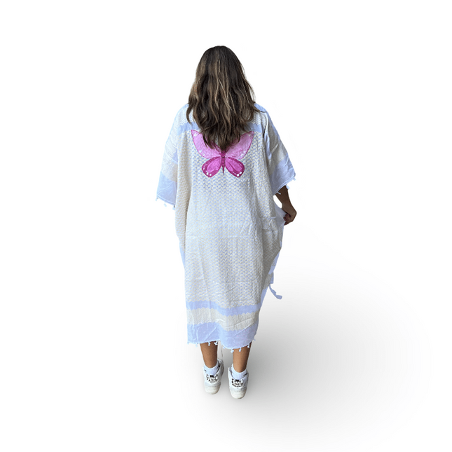 Hand-Painted Yellow Kaftan with Pink Butterfly