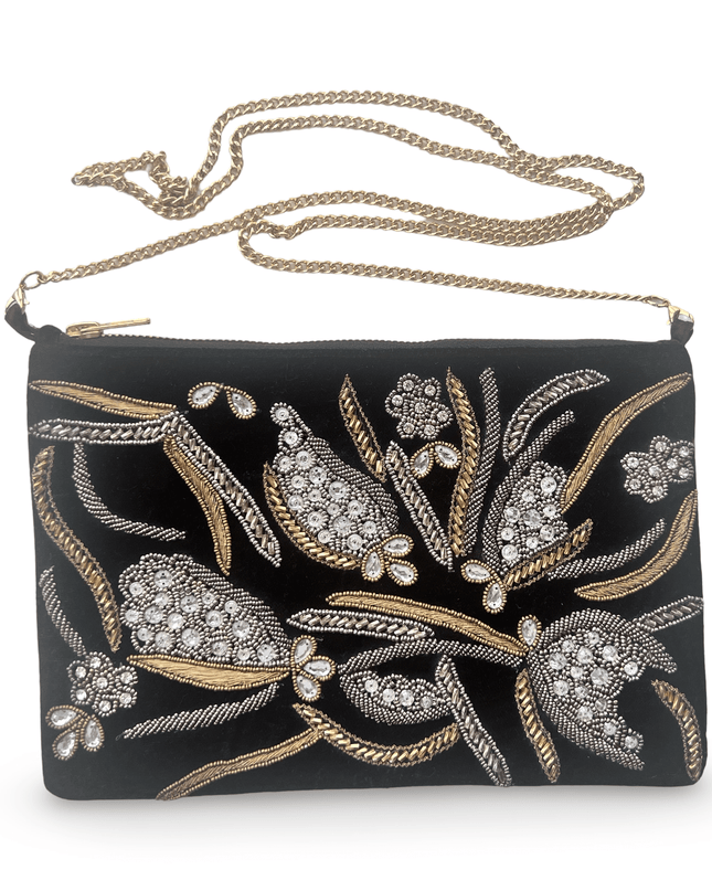 Black Velvet Embroidered Clutch with Strap