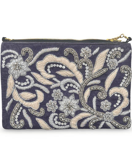Purple Velvet Embroidered Clutch with Strap