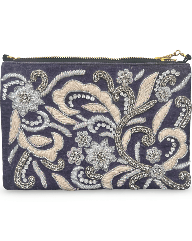 Purple Velvet Embroidered Clutch with Strap