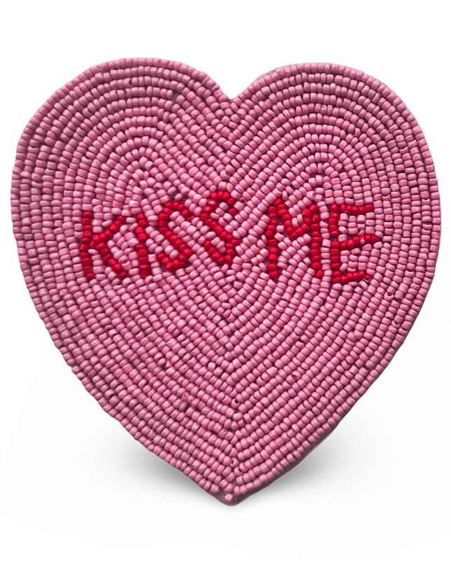 Pink Heart Shaped Beaded Coaster with Kiss Me