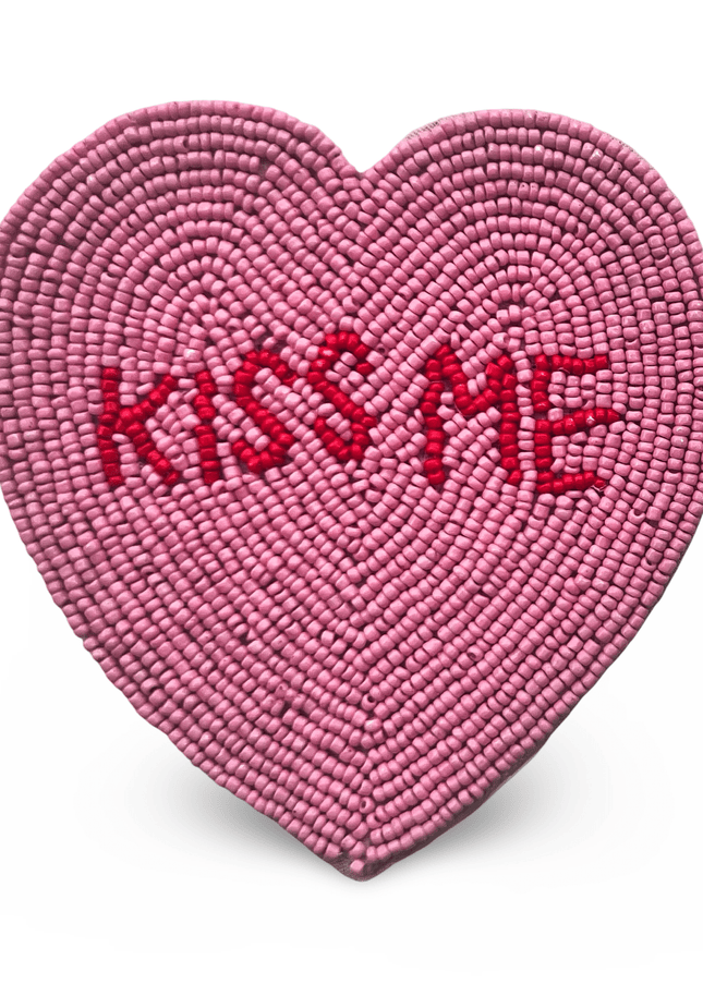 Pink Heart Shaped Beaded Coaster with Kiss Me