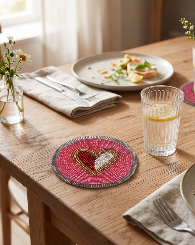 Casa Duniya Beaded Coaster Pink Heart on Wooden Dining Table Pink Heart Coaster