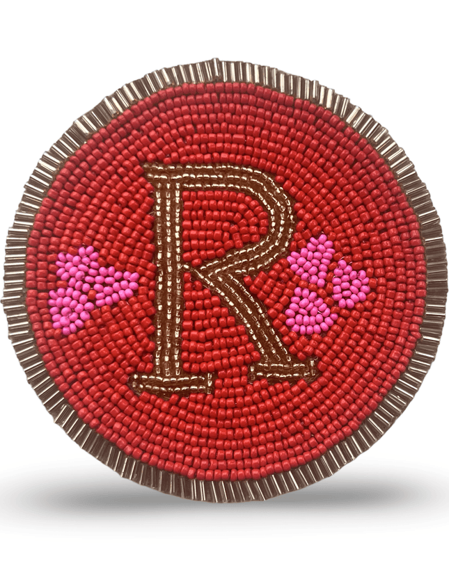 Red Beaded Coaster with Gold R