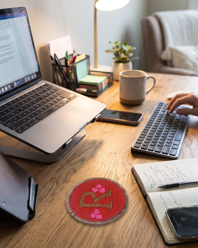 Casa Duniya Beaded Coaster Red Monogram Letter R on Office Desk Red R Coaster