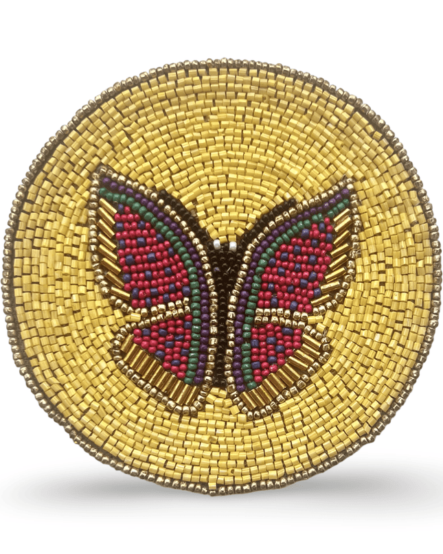 Yellow Beaded Coaster with Red Butterfly