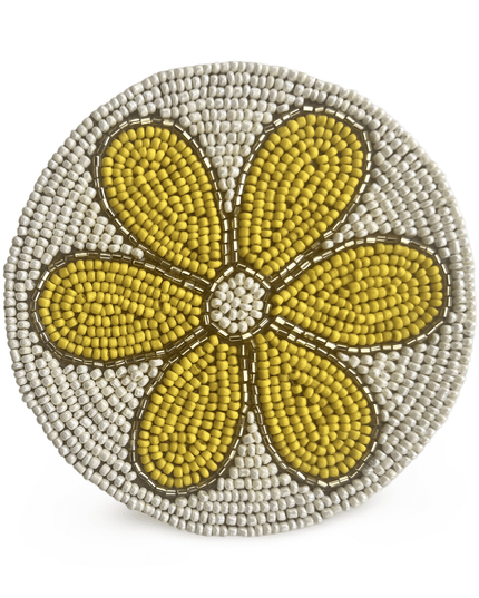 White Beaded Coaster with Yellow Flower