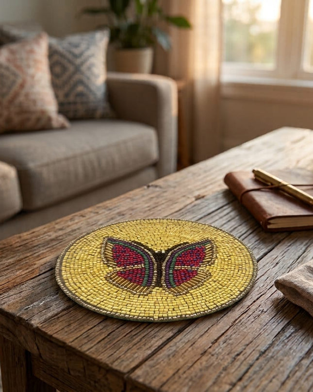 Casa Duniya Beaded Coaster Yellow Butterfly on Wooden Coffee Table Yellow Butterfly Coaster