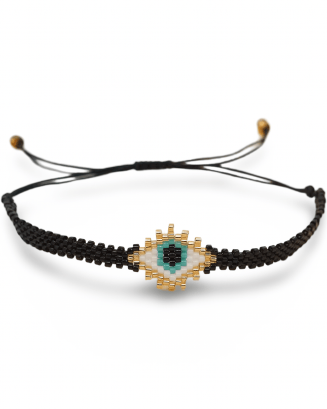Black beaded evil eye bracelet with a  on a white background