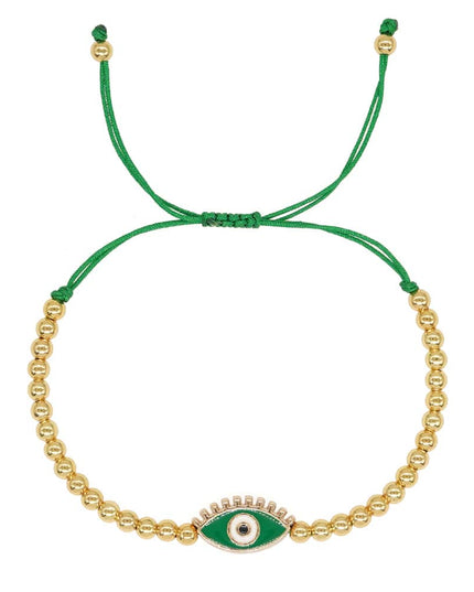 Gold Beaded Adjustable Green Evil Eye Bracelet