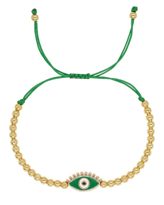 Gold Beaded Adjustable Green Evil Eye Bracelet