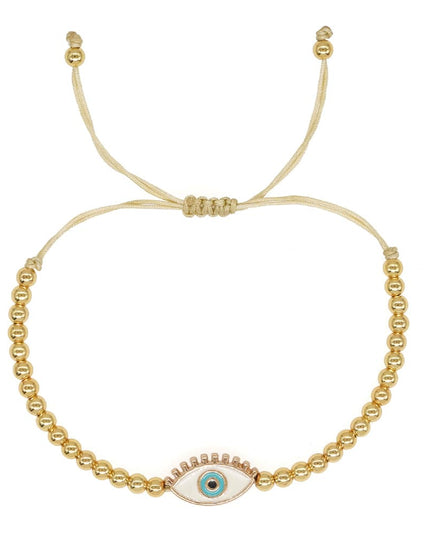 Gold Beaded Adjustable White Evil Eye Bracelet