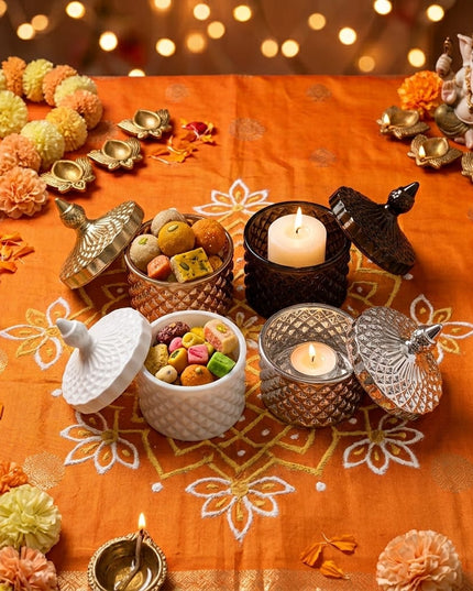 Diwali Sita Quartet: four Sita candle holders in white, black, silver and rose gold