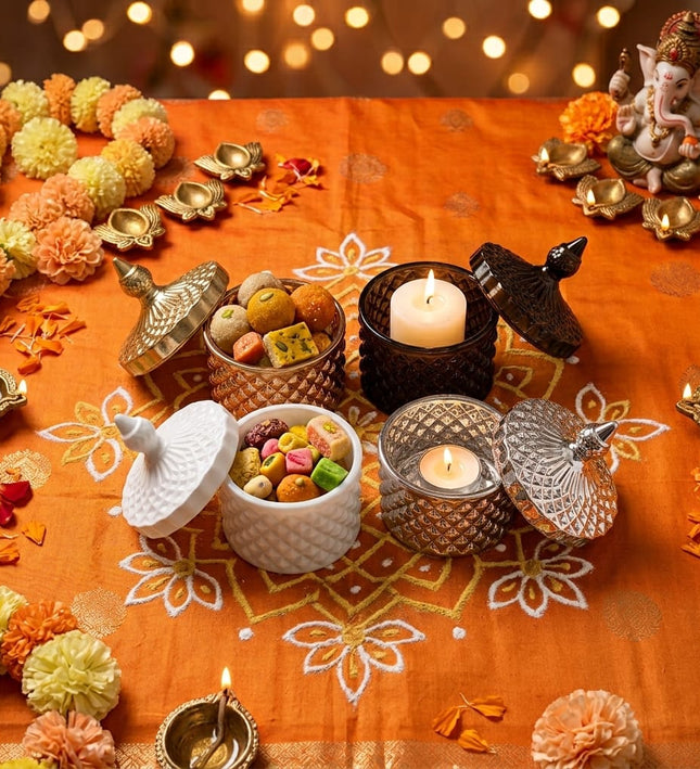 Diwali Sita Quartet: four Sita candle holders in white, black, silver and rose gold