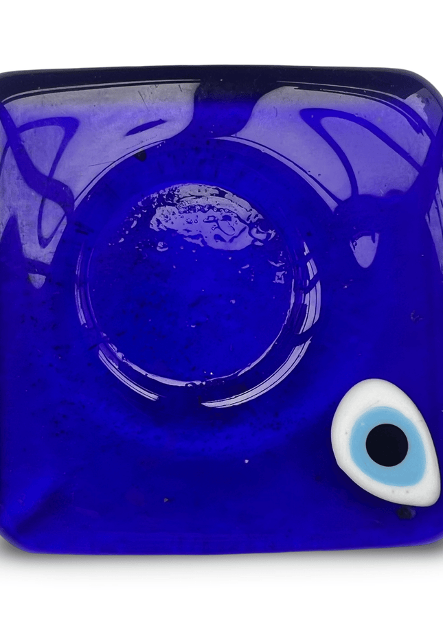 Square Blue Glass Evil Eye Candle Holder