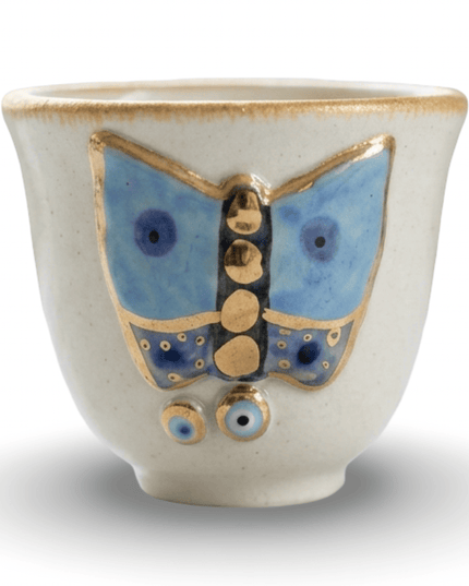 Farah butterfly espresso cups, set of 4, ceramic with blue and gold butterflies and gold rims