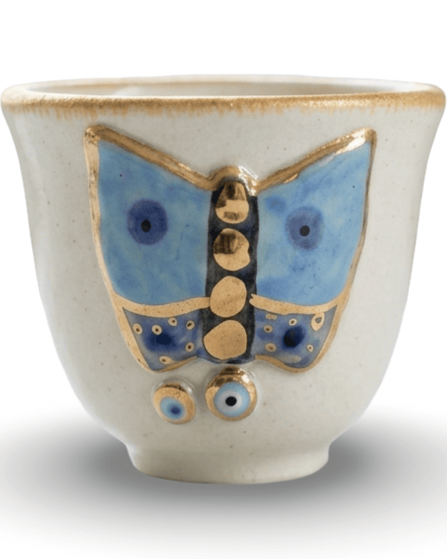 Farah butterfly espresso cups, set of 4, ceramic with blue and gold butterflies and gold rims