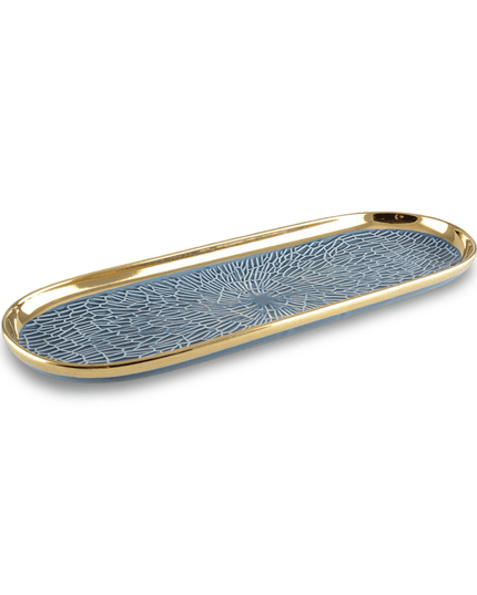 Decorative tray with blue pattern and gold rim on a white background