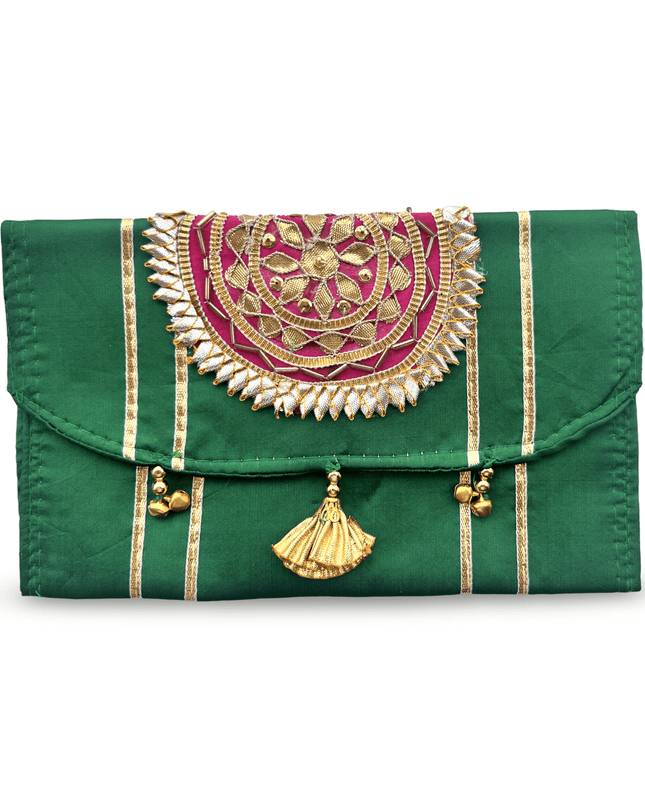 Green Linen Pouch with Gold Hot Pink Mandala Embroidery