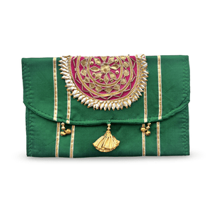 Green Linen Pouch with Gold Hot Pink Mandala Embroidery