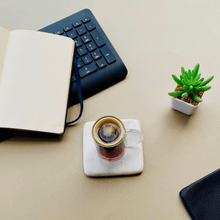 Load image into Gallery viewer, Square Rounded White Marble Handcut Coasters with Coffee Cup and Keyboard and Plant

