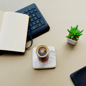 Square Rounded White Marble Handcut Coasters with Coffee Cup and Keyboard and Plant