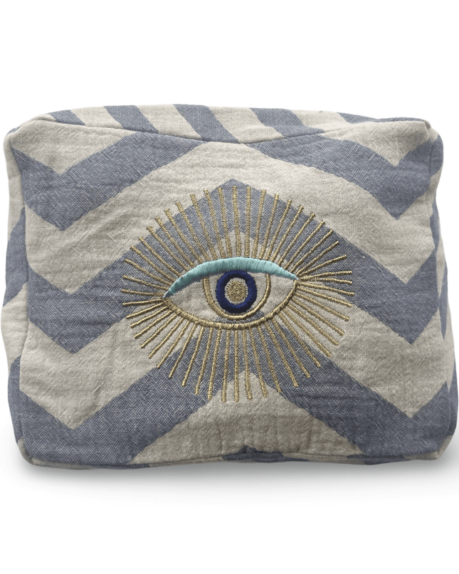 Blue and White Embroidered Evil Eye Cosmetic Pouch