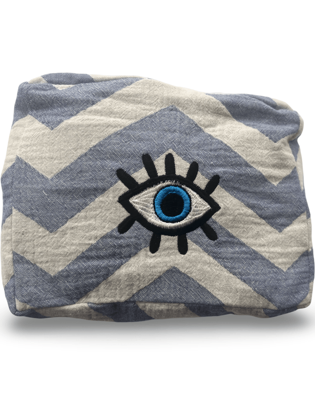 Blue and White Embroidered Evil Eye Cosmetic Pouch