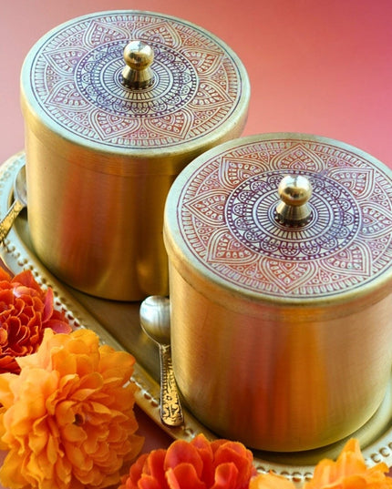 Casa Duniya Gold Brass Jars with Tray Alternate View Kabir Brass Jars - Set of 2 with Tray