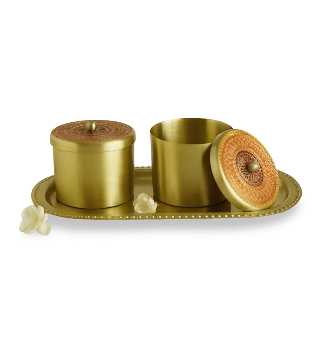Casa Duniya Gold Brass Jars with Tray Kabir Brass Jars - Set of 2 with Tray