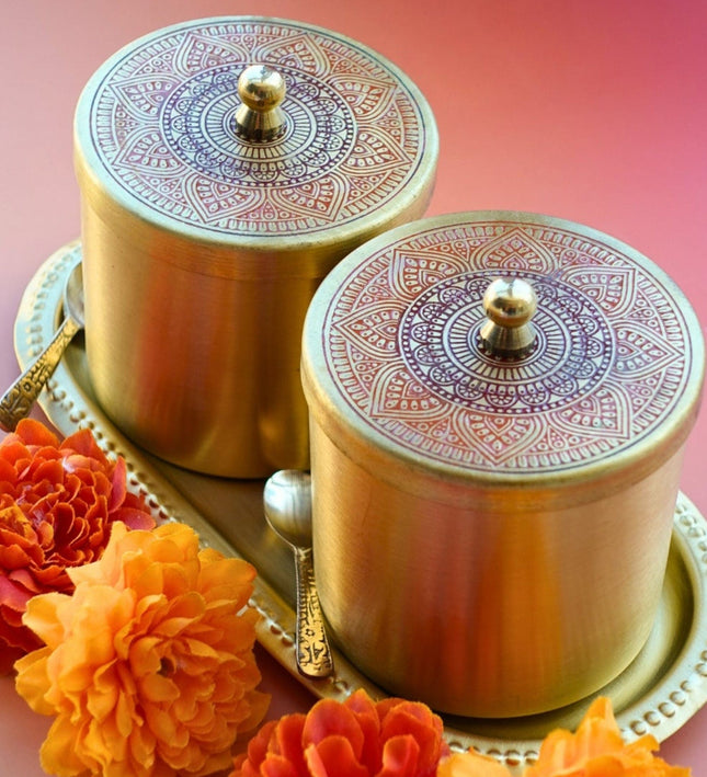 Casa Duniya Gold Brass Jars with Tray Kabir Brass Jars - Set of 2 with Tray