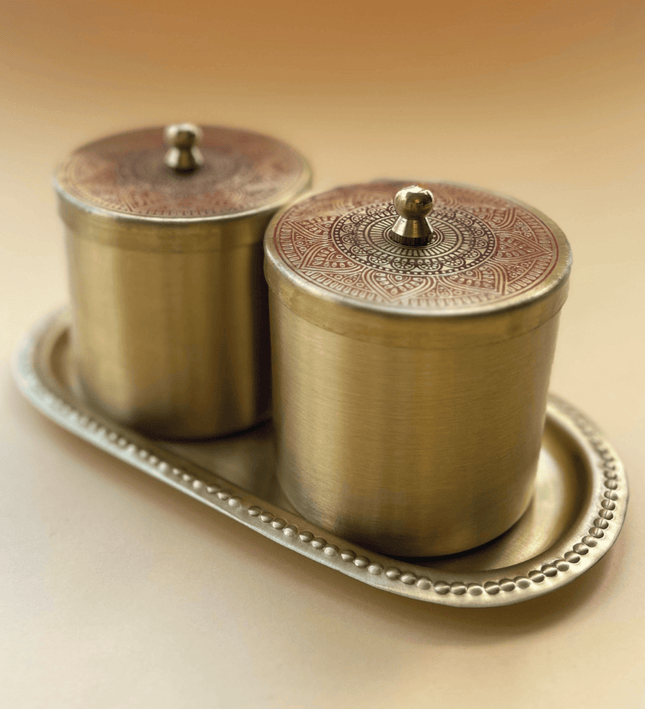Casa Duniya Gold Brass Jars with Tray Detail Kabir Brass Jars - Set of 2 with Tray