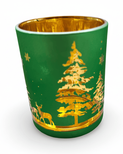 Green Noel Candle Holder With Gold Christmas Tree And Reindeer Design