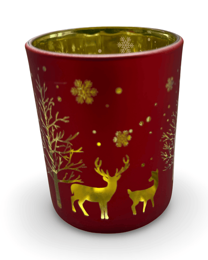 Red Noel Candle Holder With Gold Christmas Tree And Reindeer Design