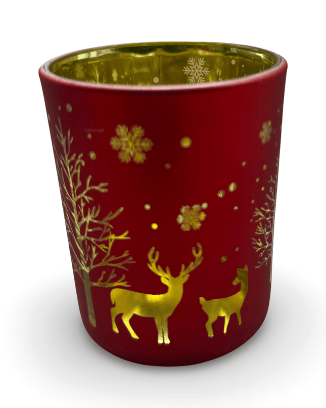 Red Noel Candle Holder With Gold Christmas Tree And Reindeer Design