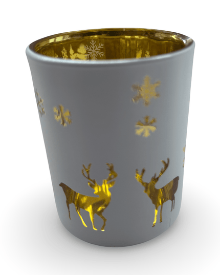 White Noel Candle Holder With Gold Christmas Tree And Reindeer Design