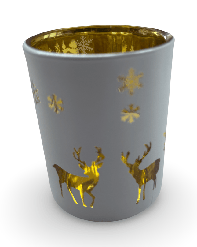 White Noel Candle Holder With Gold Christmas Tree And Reindeer Design