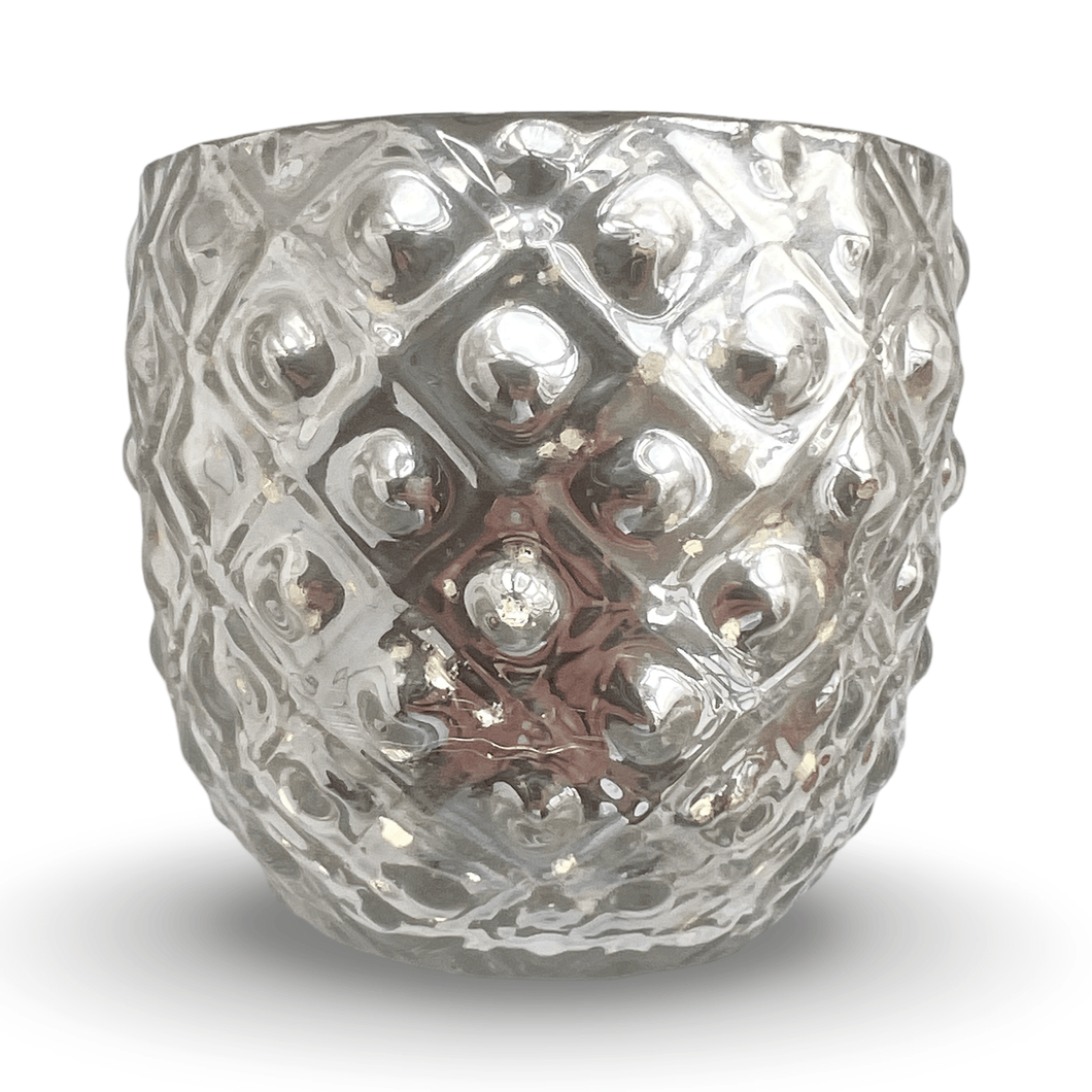 Silver Hand-Painted Glass Candle Holder with Intricate Pattern