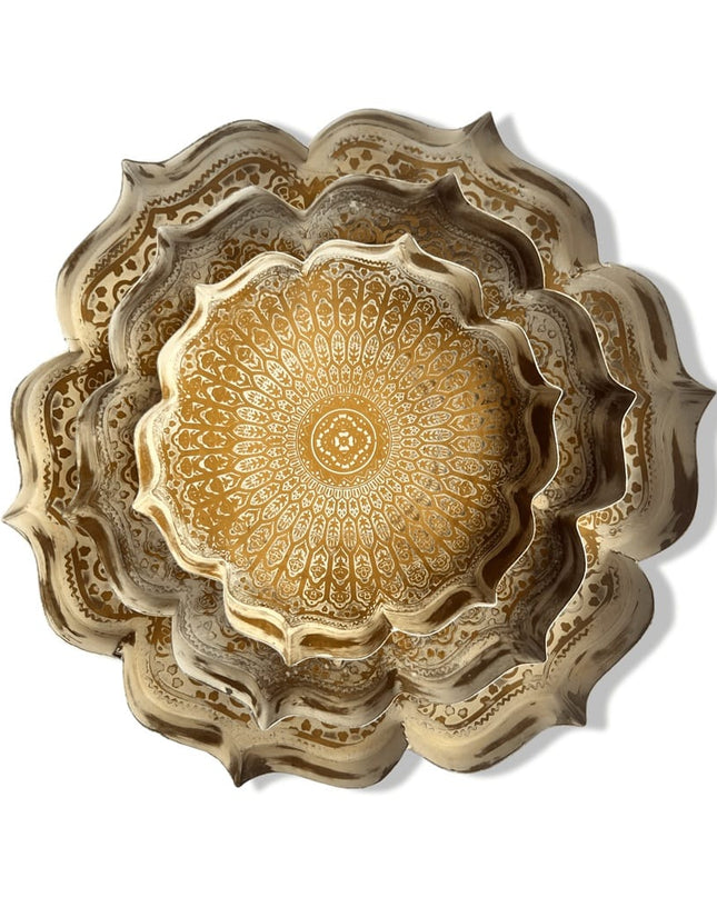 Casa Duniya Hammered Gold Lotus Tray Detail Mumtaz Trays (Set of 3)
