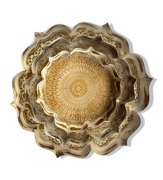 Casa Duniya Hammered Gold Lotus Tray Mumtaz Trays (Set of 3)