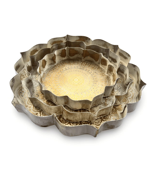 Casa Duniya Hammered Gold Lotus Tray Mumtaz Trays (Set of 3)