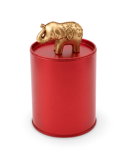 Jaipur Elephant Red Tin with a gold elephant figure on the lid