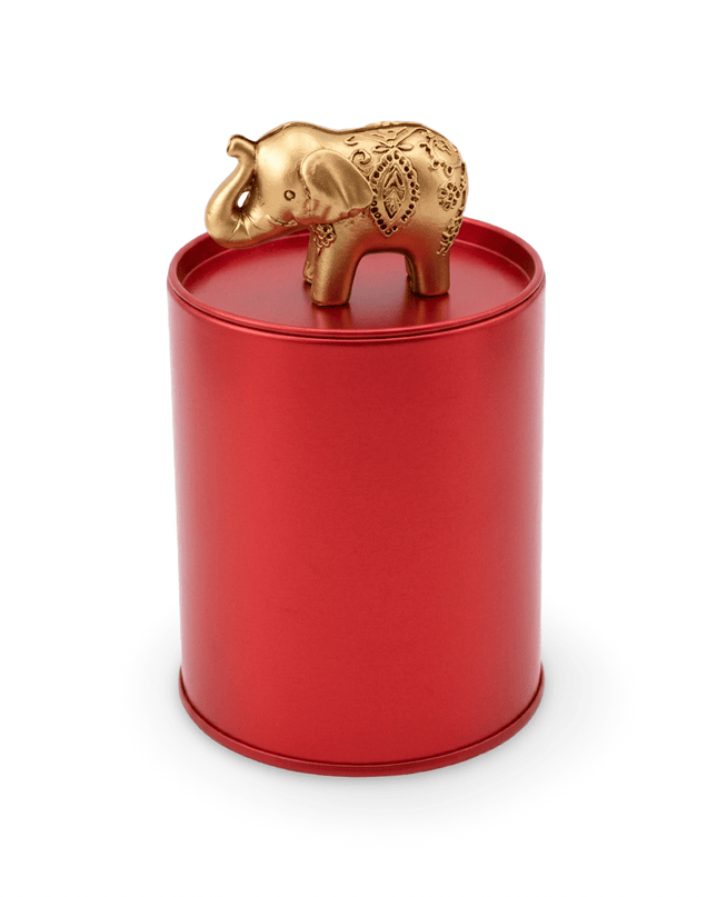 Jaipur Elephant Red Tin with a gold elephant figure on the lid