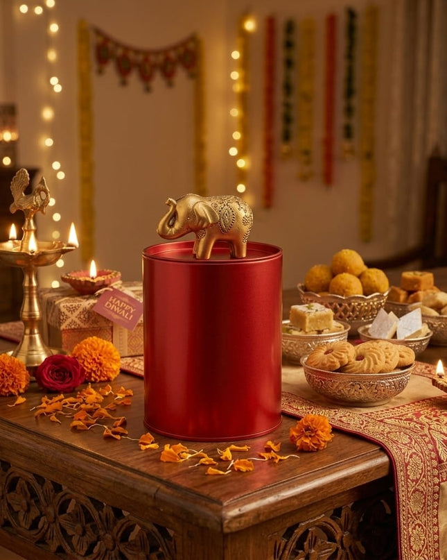 Jaipur Elephant Red Tin displayed on a Diwali celebration table with diyas, marigolds, and sweets