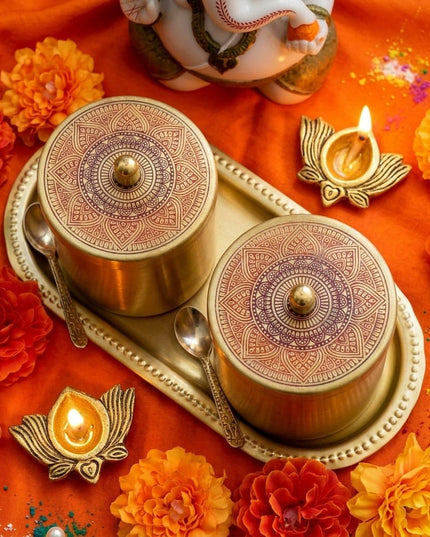 Diwali Puja Essentials: Kabir gold brass jars with tray and two metal diya holders