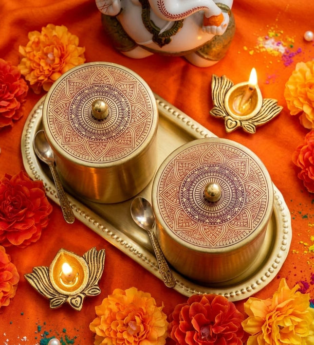 Diwali Puja Essentials: Kabir gold brass jars with tray and two metal diya holders