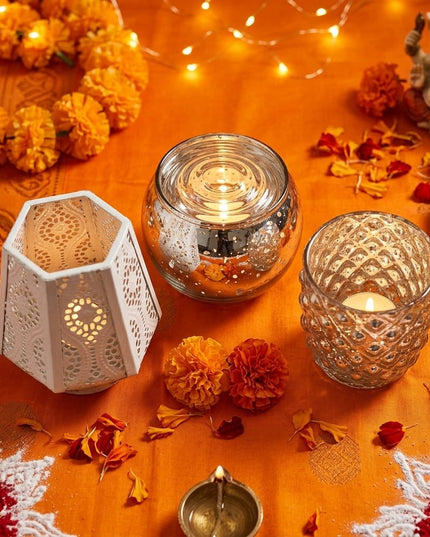 Festive Glow Set: Gauri, Paloma and Shama silver and white tealight holders and lantern