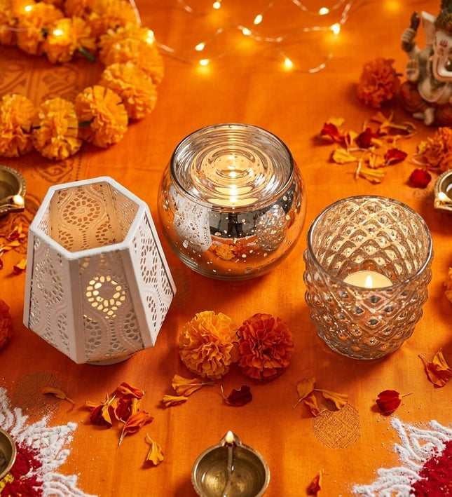 Festive Glow Set: Gauri, Paloma and Shama silver and white tealight holders and lantern