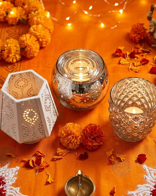 Festive Glow Set: Gauri, Paloma and Shama silver and white tealight holders and lantern